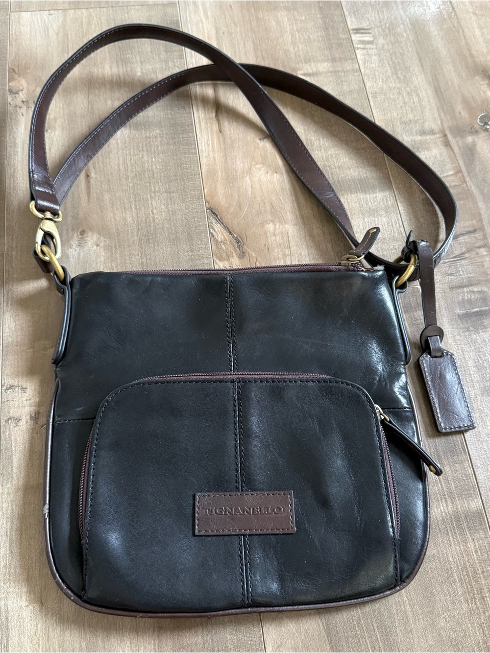 Tignanello Leather Purse Shoulder Bag Black Brown Shiny Two-Tone